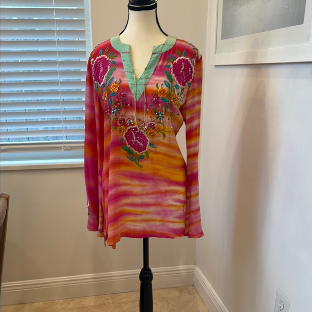 Pink and Orange Graphic Embellished Tunic with Mandarin Collar